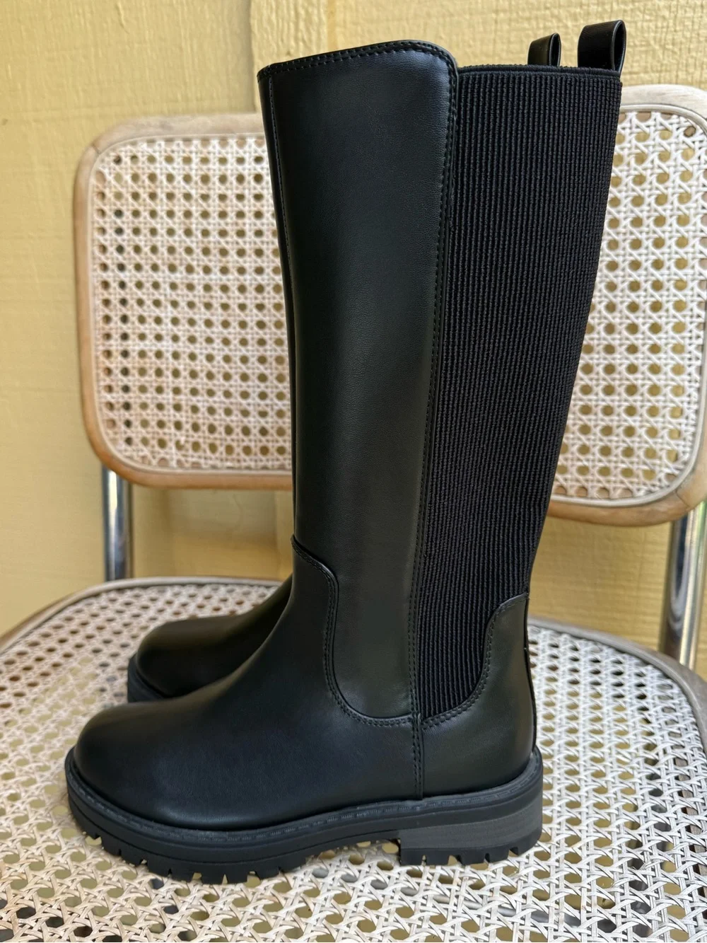 Wonder Nation Girls Size 1 Black Tall Chelsea Riding Boots Knee High Lug Sole